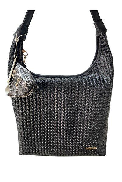 Armine Modern Braided Bag with Shoulder Strap Black Shoulder Bag