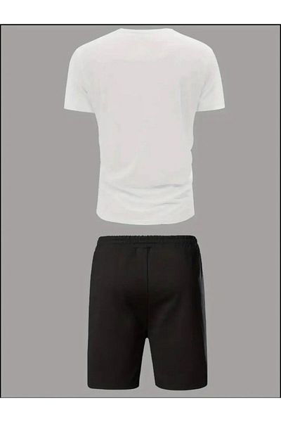 SELENA BUTİK Unisex Faded White T-Shirt Black Shorts Bottom Top Set