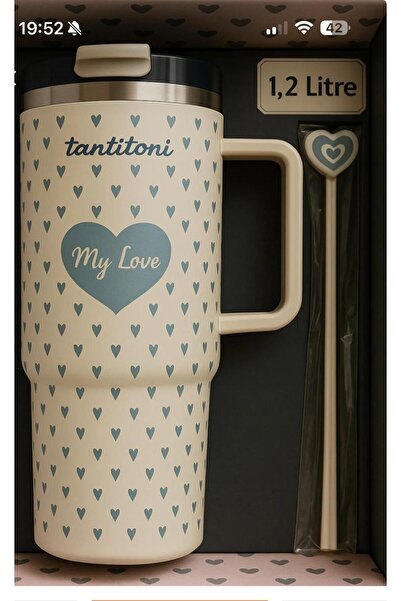 Tantitoni Pipetli Paslanmaz Çelik Termos Bardak 1.2 Lt Kalpli