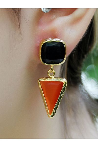 esha Square Triangle Model Cat's Eye Glass Gold Plated Women's Earrings Euku24Sk