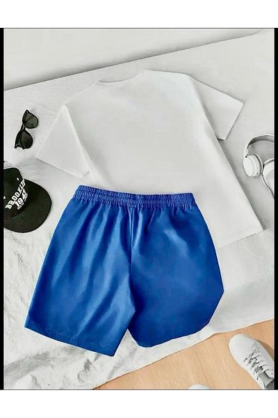 SELENA BUTİK Unisex Never White T-Shirt Blue Shorts Bottom Top Set