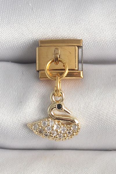 E BULURUM 316L Steel Gold Color Hanging Zircon Stone Swan Model Nomination Charm