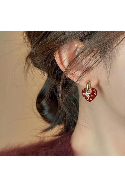 Pelin Aksesuar Mini Heart Earrings with Burgundy Stone