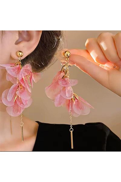 Pelin Aksesuar Pink Organza Fabric Long Earrings