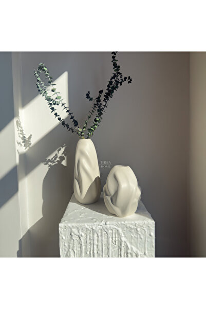 THEIA HOME Seramik Dalga Formlu 2'li Vazo Seti Bej Renk