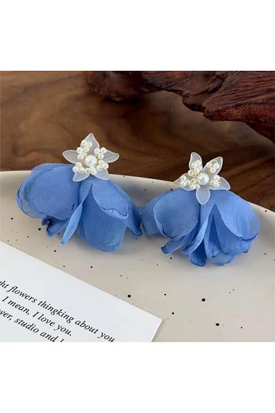 Pelin Aksesuar Blue Organza Fabric Floral Earrings