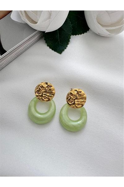 Pelin Aksesuar Gold Steel Earrings with Green Circle Stone