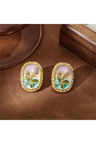 Pelin Aksesuar Pink Green Pearls Flower Frame Earrings