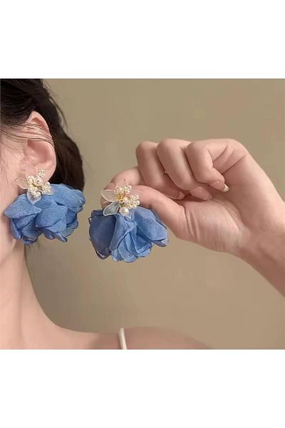 Pelin Aksesuar Blue Organza Fabric Floral Earrings