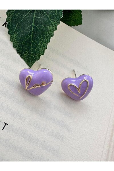 Pelin Aksesuar Mor Love Yazılı Kalp Küpe