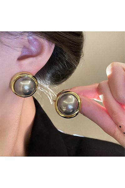 Pelin Aksesuar Smoked Pearl Button Vintage Earrings