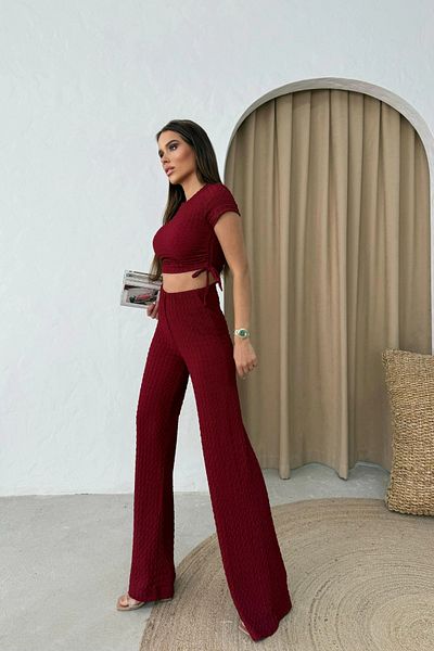 Sorridi Seersucker Short Sleeve Gathered Side Crop Blouse Trousers Set of 2