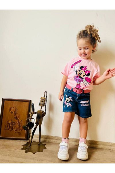 Karan Kids Girl's Belted Shorts and T-Shirt Set