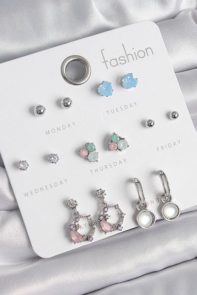 E BULURUM Brass Silver Color Zircon Stone Hanging Ring Model Flower Detail 7 Pairs Women's Earring Set