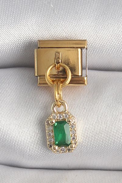 E BULURUM 316L Steel Gold Color Hanging Square Green Zircon Stone Nomination Charm