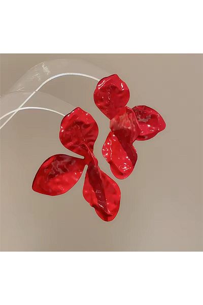 Pelin Aksesuar Red Big Plate Leaf Earrings