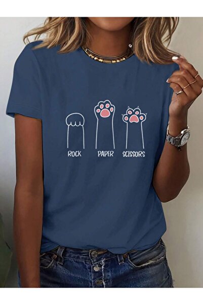 EVIus تي شيرت برقبة دائرية مطبوع عليه مقص ورقي حجري كبير الحجم