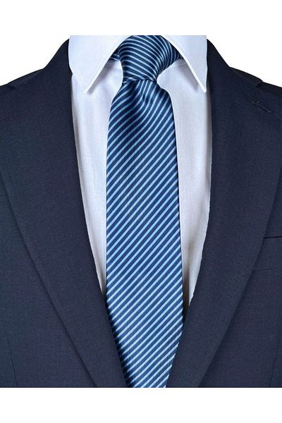 1001 Kravat Navy Blue Striped 7 cm Wide Thin Tie