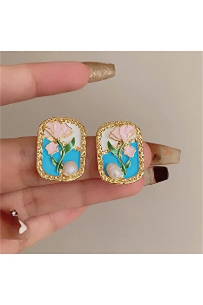 Pelin Aksesuar Mavi İncilii Çiçekli Çerçeve Küpe