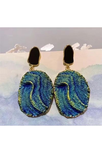 Pelin Aksesuar Navy Blue Variegated Glitter Large Oval Stone Earrings