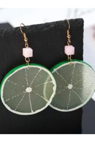 SYGGY Green Lemon Earrings, green lemon slice pattern, transparent green