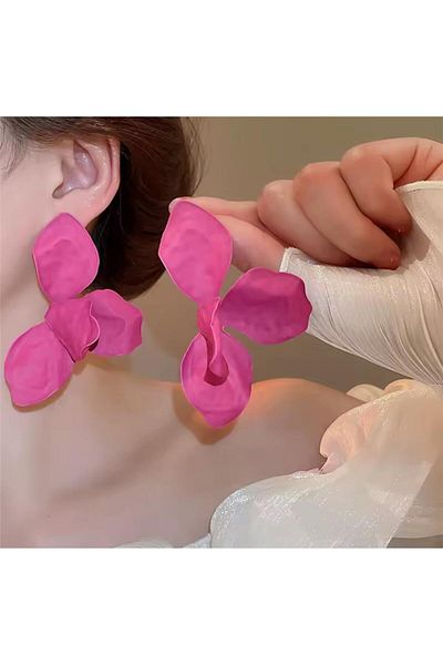 Pelin Aksesuar Fuchsia Large Plate Leaf Earrings