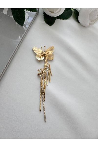 Pelin Aksesuar Gold Butterfly Fringe Crystal Ear Accessory