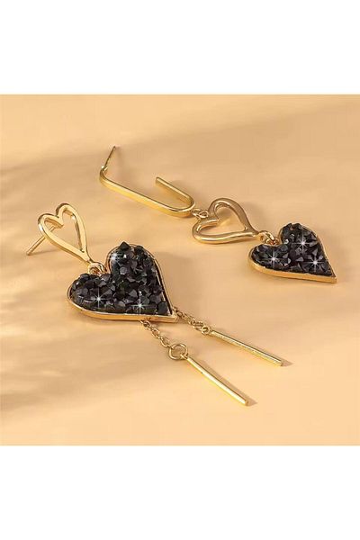 Pelin Aksesuar Black Crystal Filled Asymmetrical Heart Earrings