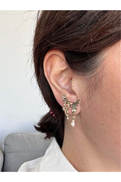 Pelin Aksesuar Gold Kelebek İnci Damlalı Küpe