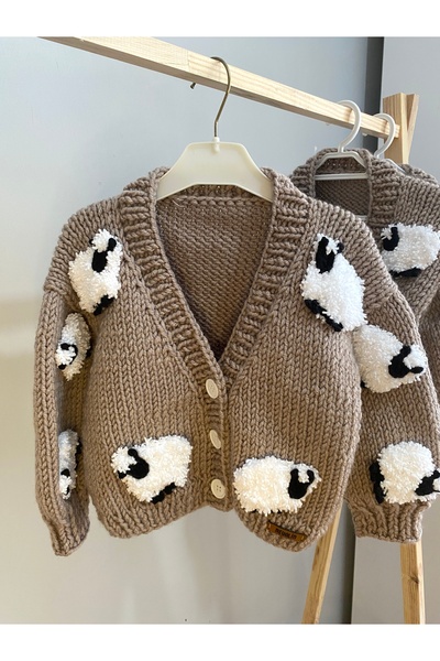 NEVALİN Hand Knitted Children's Knitted Cardigan with Lamb Detail