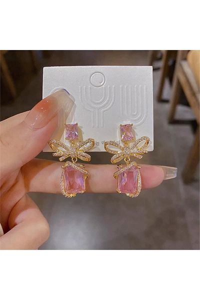 Pelin Aksesuar Stylish Bow Earrings with Pink Stones