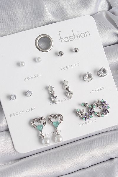 E BULURUM Brass Silver Color Zircon Stone Dangle Heart Model Flower Detail 7 Pairs Women's Earring Set