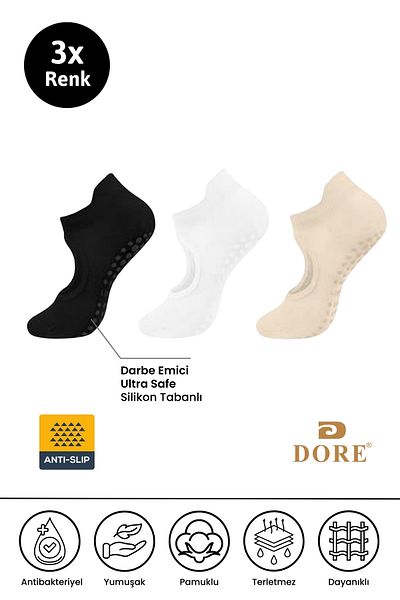 Dore Original Women's 3 Pairs Anti-Slip Pilates and Yoga Anti-Slip Soled Plates Ballet Socks Black White Skin