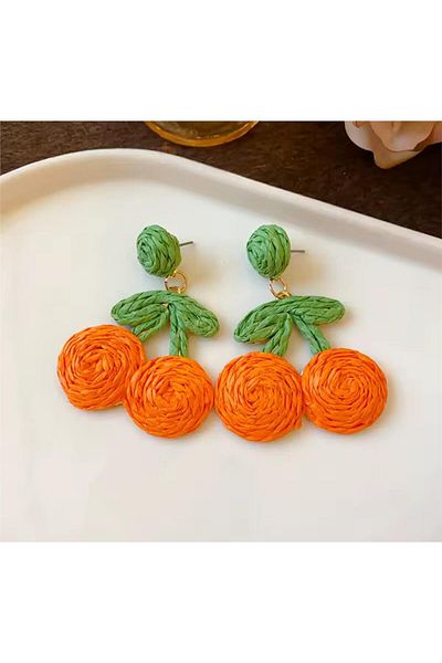 Pelin Aksesuar Orange Wicker Drawstring Cherry Earrings