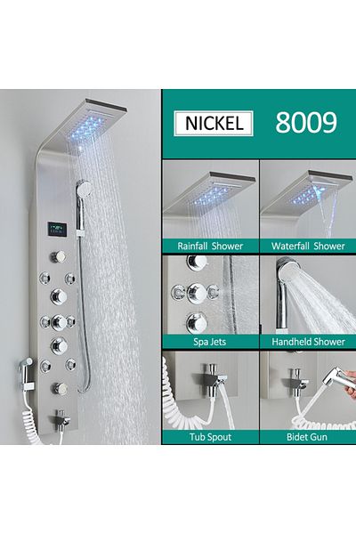 Blackswan Design Shower panel, Blackswan, Type M8009, nickel with spout, digital display, bidet shower, LED, SPA functions, 128 cm