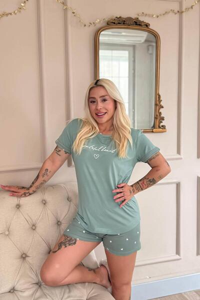 Pijamaevi Green Grateful Heart Patterned Bamboo Short Sleeve Women's Shorts Pajamas Set