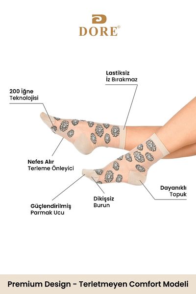 Dore Original Women's Premium Quality Daisy Patterned Tulle Socks Special Design Transparent Socket Socks 1 Pair