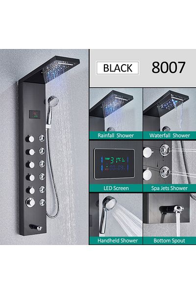 Blackswan Design Shower panel, Blackswan, Type M8007, black model with spout, digital display, LED and SPA functions, 126 cm