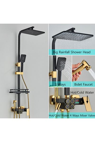 Blackswan Design Shower column, Blackswan, Type M135, black/gold adjustable, movable spout, digital display, 120