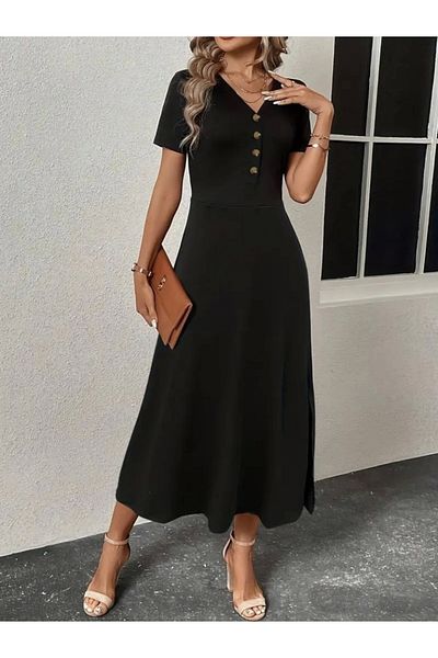 Cbm Women's Short Sleeve V Neck Front Button Slit Midi Viscose Dress