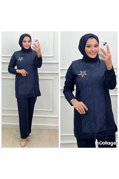 QUAWEAR Crew Neck Star Badge Parachute Fabric Detailed Zippered Tunic and Trousers Double Set