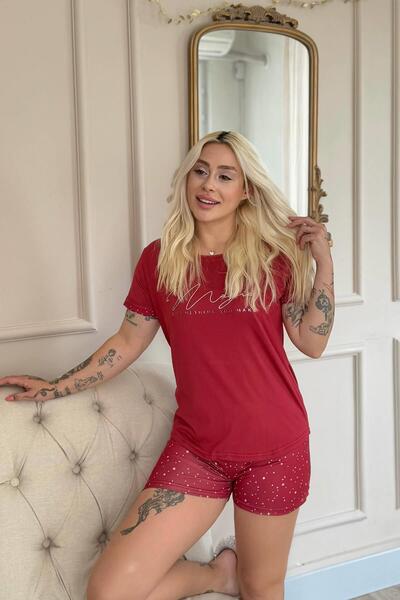 Pijamaevi Claret Red Magic Patterned Bamboo Short Sleeve Shorts Women's Pajama Set