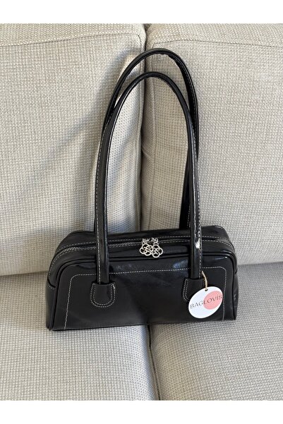 BAGLOVİS Baguette Front Stitching Detail Lined Black Women's Shoulder Bag En30 Boy15