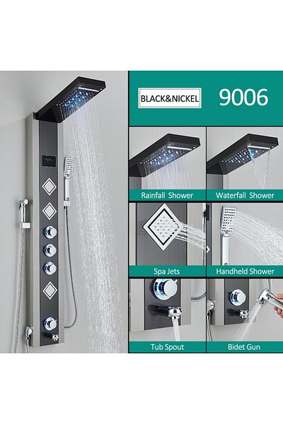 Blackswan Design Panel dus, Blackswan, Tip M9006 negru cu LED, afisaj digital, pipa, dus bideu si functii SPA, 125 cm