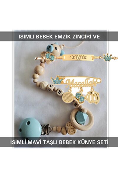 Sahi Aksesuar İsimli Bebek Emzik Zinciri ve İsimli Bebek Künye Seti BEZYI777