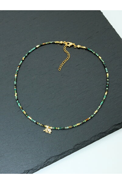 Yelda's Turkuaz ve Hematit Doğal Taşlı Altın Kaplama Kadın Kolye - Fil - 25KK007