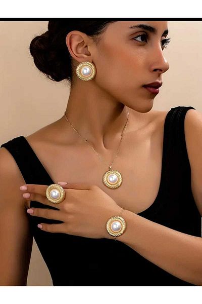 beynaaksesuar Gold Plated Pearl Necklace Earrings Bracelet Ring Set Gift Set Gift for Lover Gift for Mom