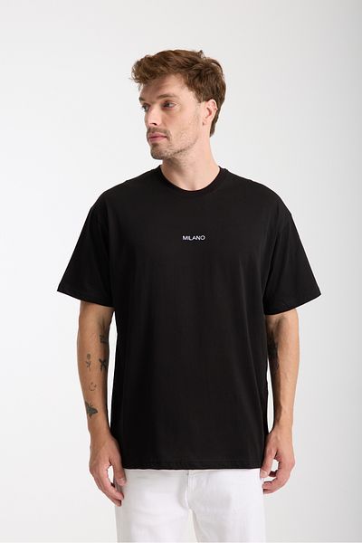 COOL TARZ Ανδρικό μαύρο μπλουζάκι Milano Embroidery Letter Oversize Crew Neck