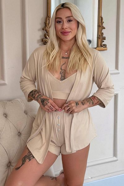 Pijamaevi Beige Dublin Bustier Women's Pajama Set with Dressing Gown