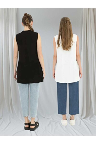 Puane Women's Ecru and Black 2 Piece Set Sleeveless Front Chiffon Detailed Tunic Underwear